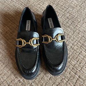 Never Worn Steve Madden Black Loafers with Gold Buckles